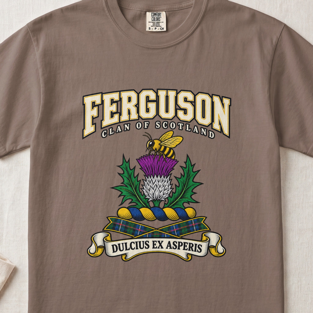 Ferguson graphic T-shirt in Espresso brown, front flat lay showing varsity lettering and yellow and black bee above a purple and white thistle.