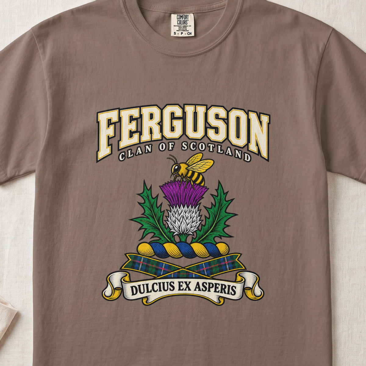 Ferguson graphic T-shirt in Espresso brown, front flat lay showing varsity lettering and yellow and black bee above a purple and white thistle.