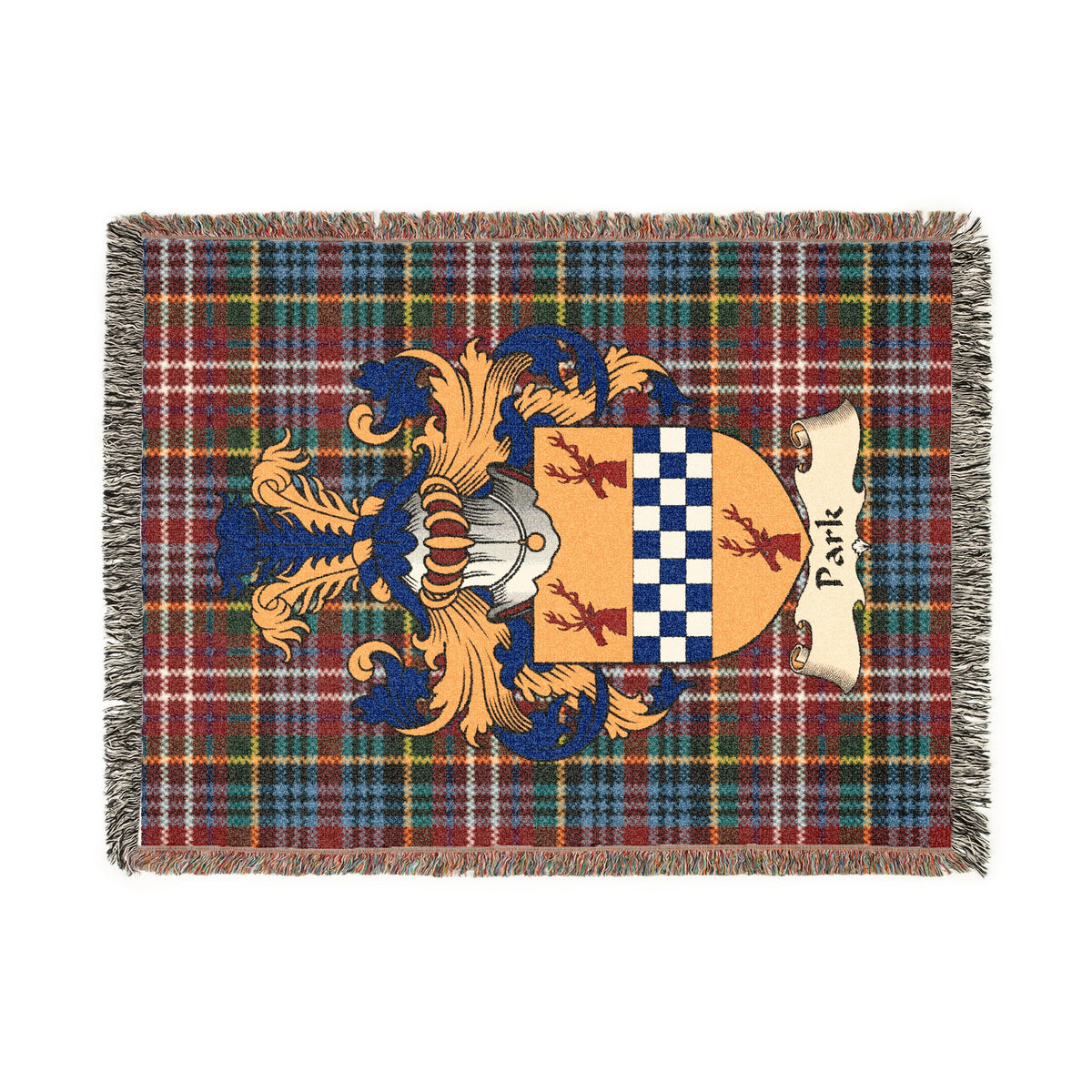 Park Scottish woven blanket with family shield and Caledonia tartan background