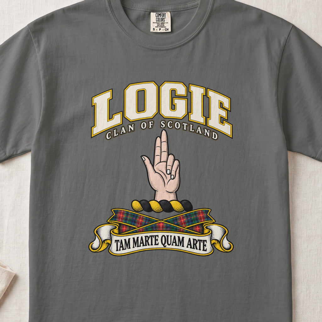 Logie Scottish clan T-shirt in Pepper, front view with a raised hand with two fingers extended and motto design.