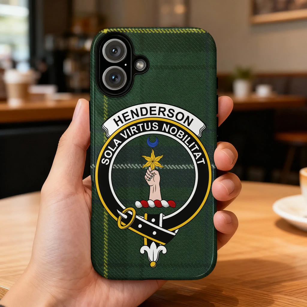 Henderson clan crest tartan phone case — edge-to-edge plaid design with Sola Virtus Nobilitat motto