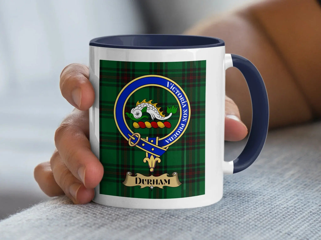 Durham family crest coffee mug with a tartan-background design