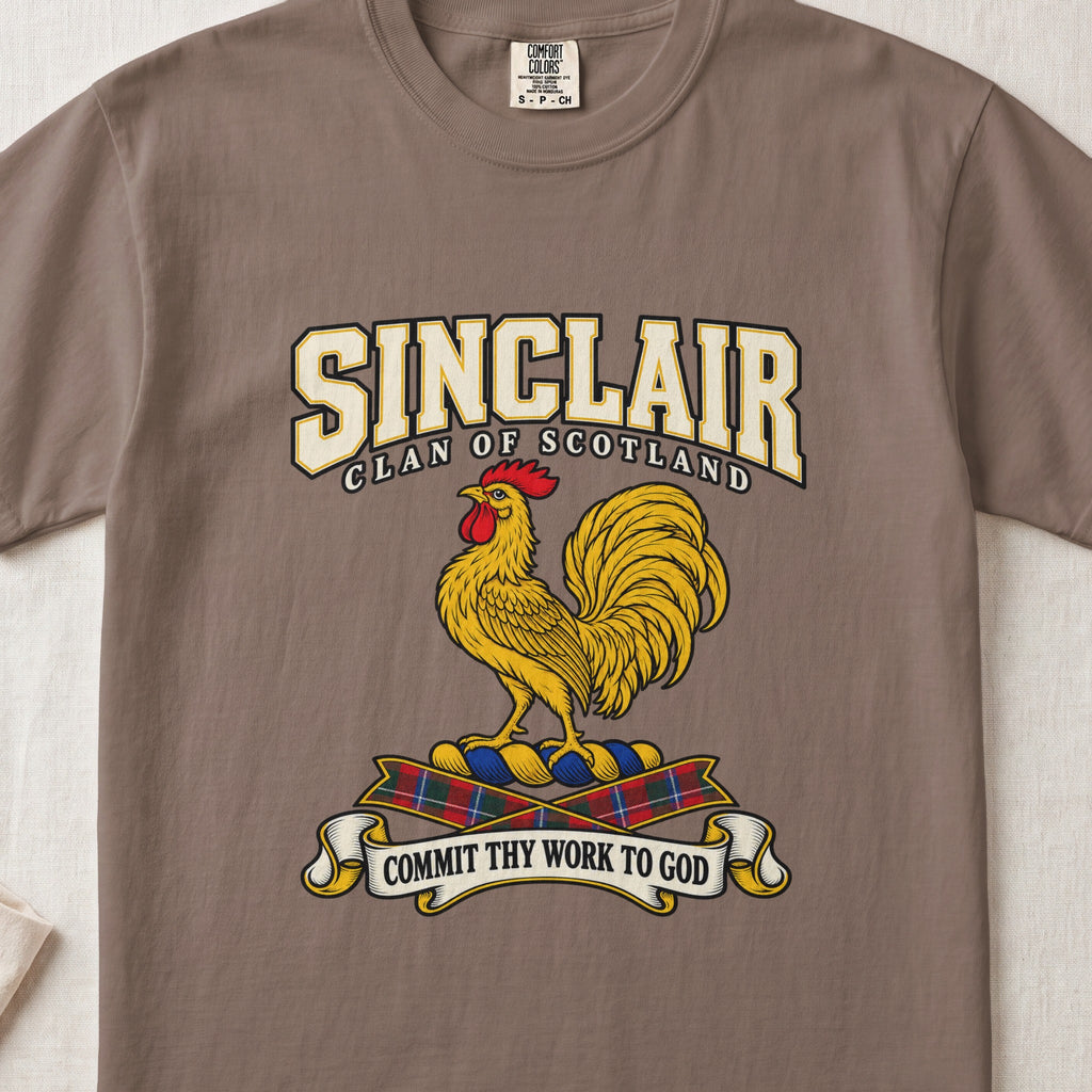 Sinclair graphic T-shirt in Espresso brown, front flat lay showing varsity lettering and gold rooster with red comb and wattle.