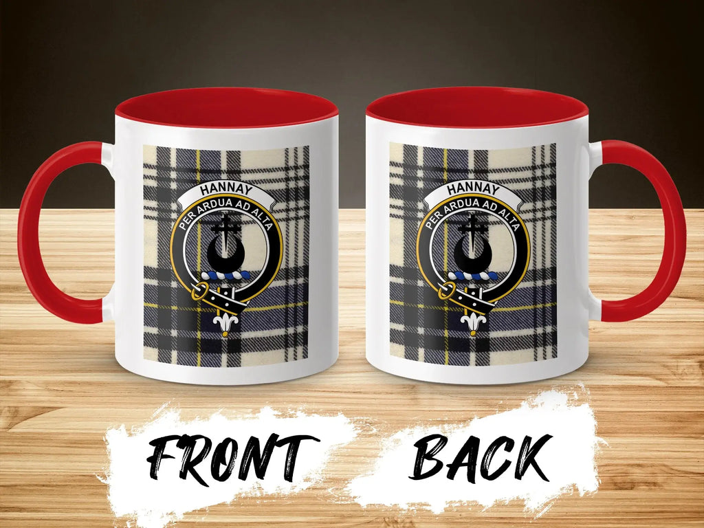 Hannay accent mug with red handle — clan crest and tartan on white 11oz ceramic body
