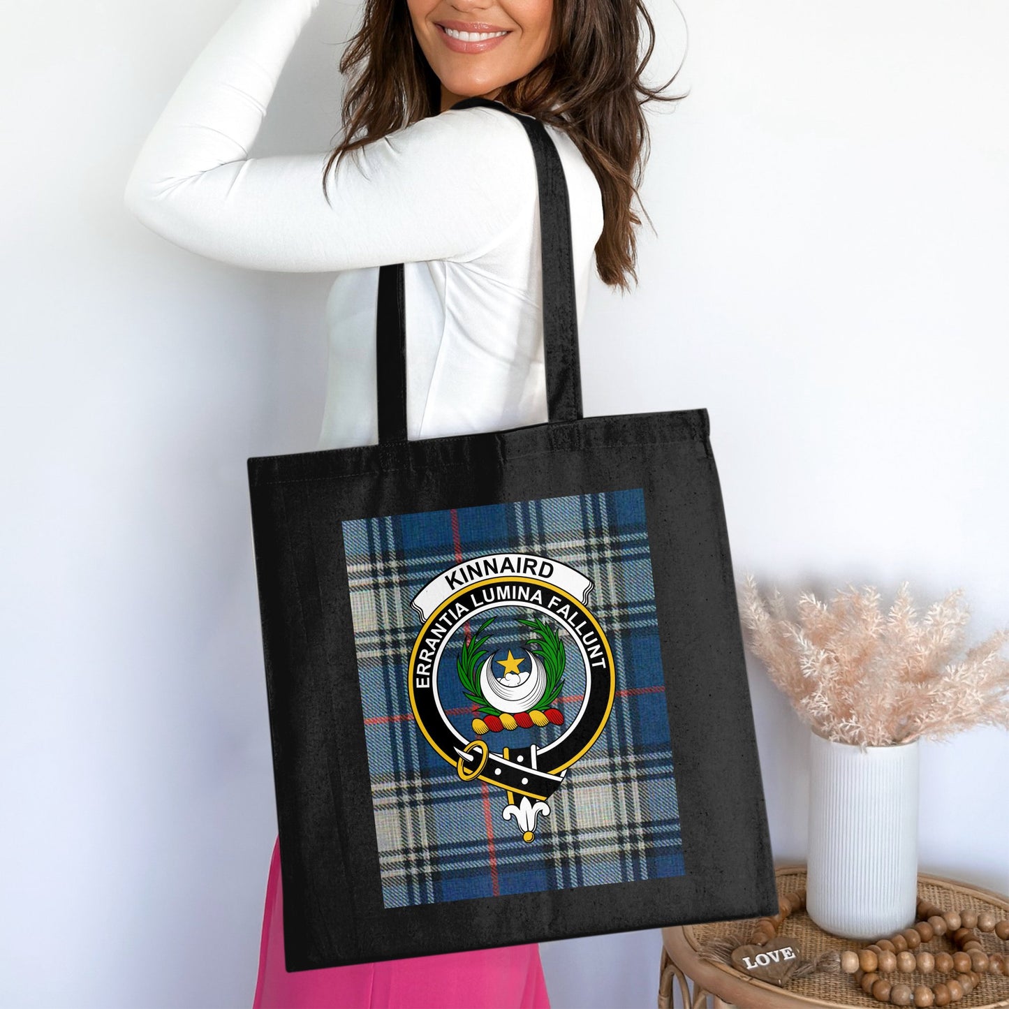 Kinnaird Clan Scottish Crest on Tartan Tote Bag - Living Stone Gifts