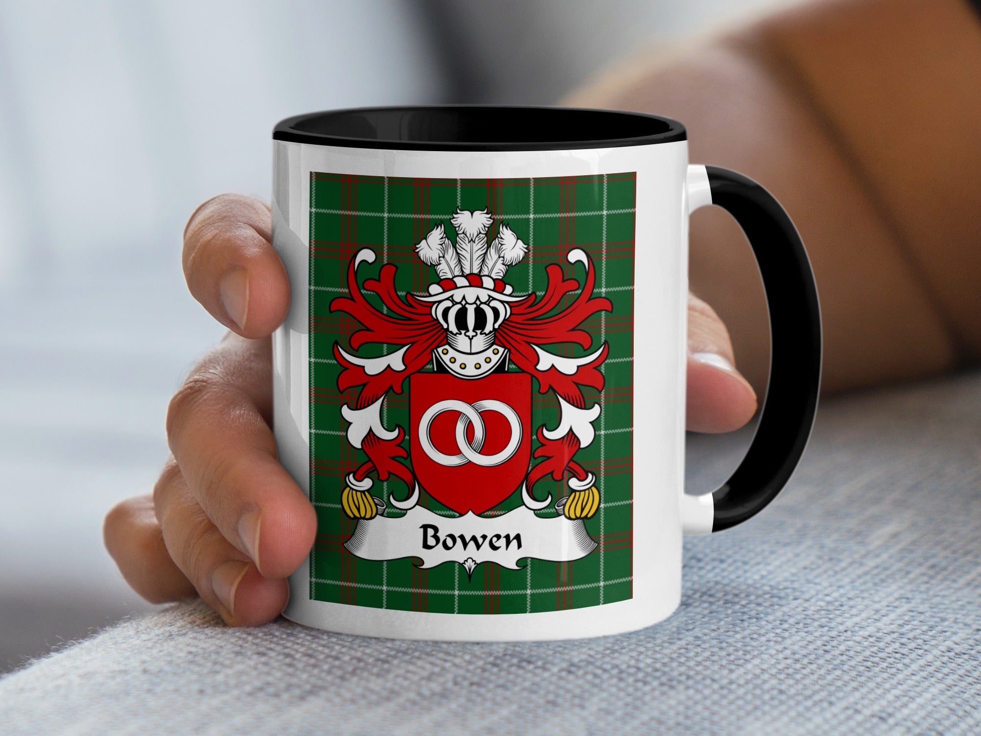 Mug with Bowen coat of arms on a green tartan background.