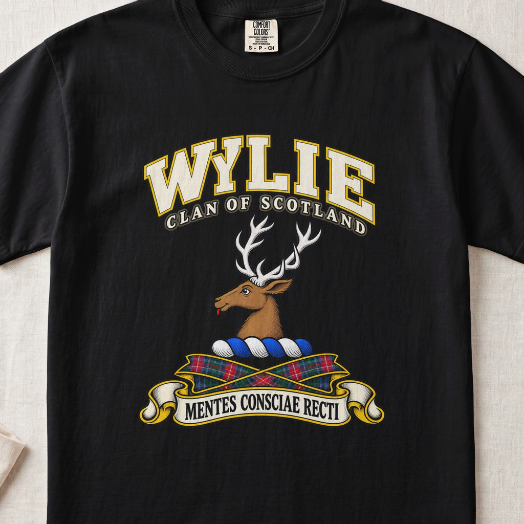 Wylie Scottish clan T-shirt in Black, front view with a brown stag head with white antlers and motto banner.