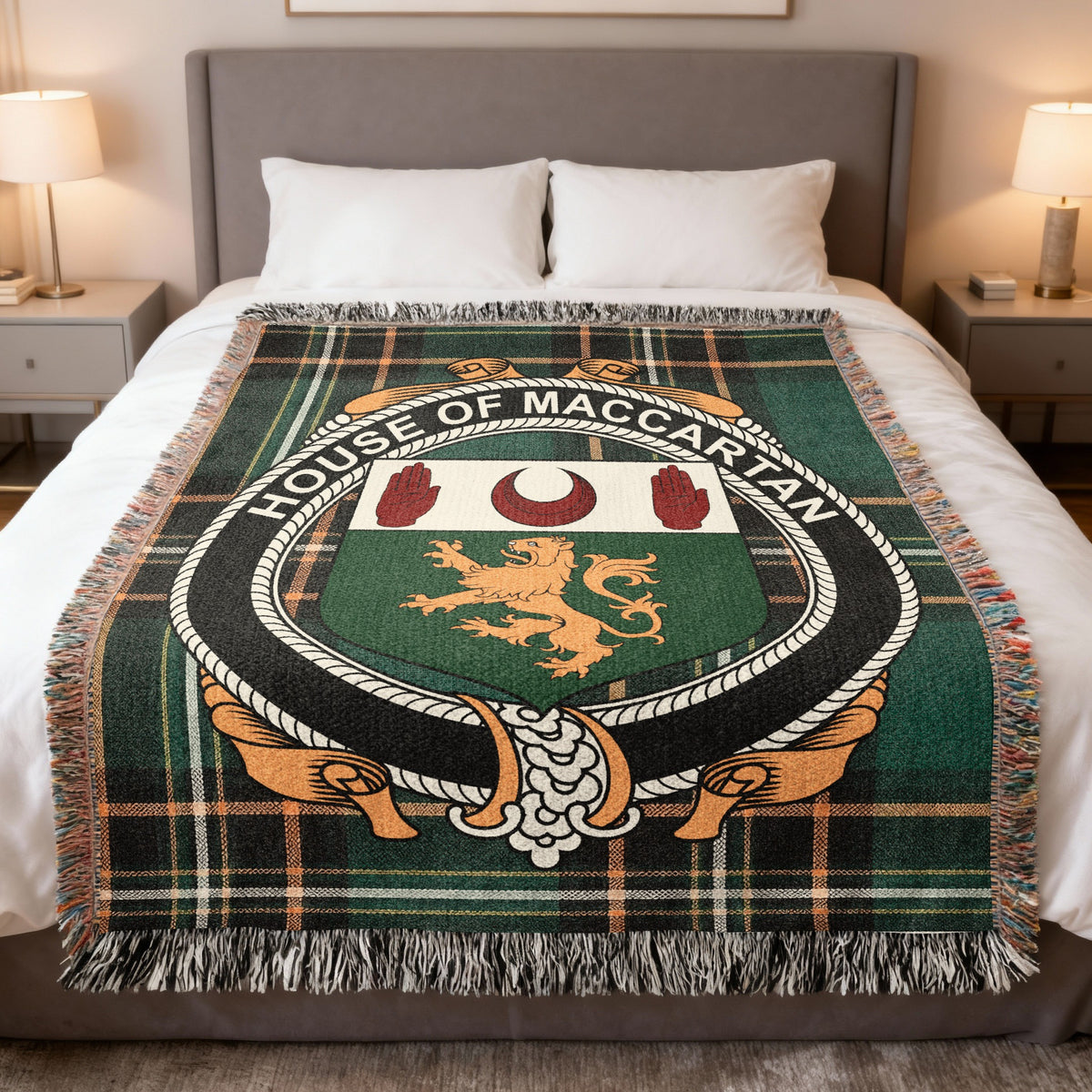 MacCartan Irish National Tartan woven blanket with family crest emblem