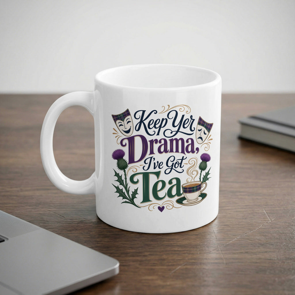 White mug with "Keep Yer Drama, I've Got Tea" design featuring thistles and masks.