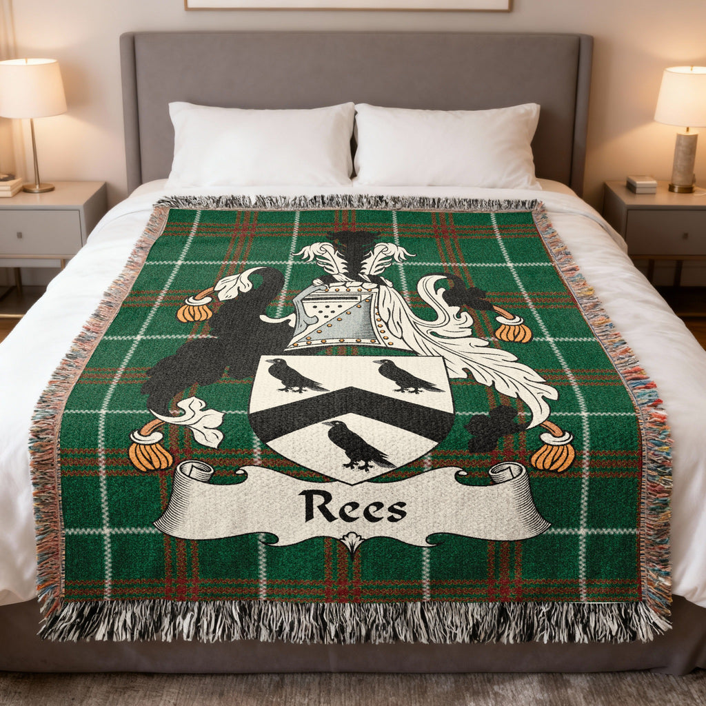 Rees Welsh family crest woven blanket on Welsh national tartan