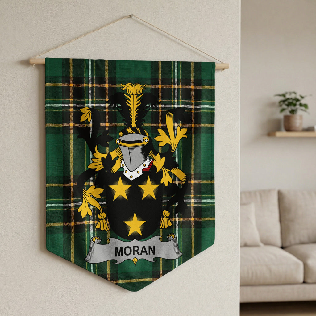 Moran family crest pennant hanging on a wall