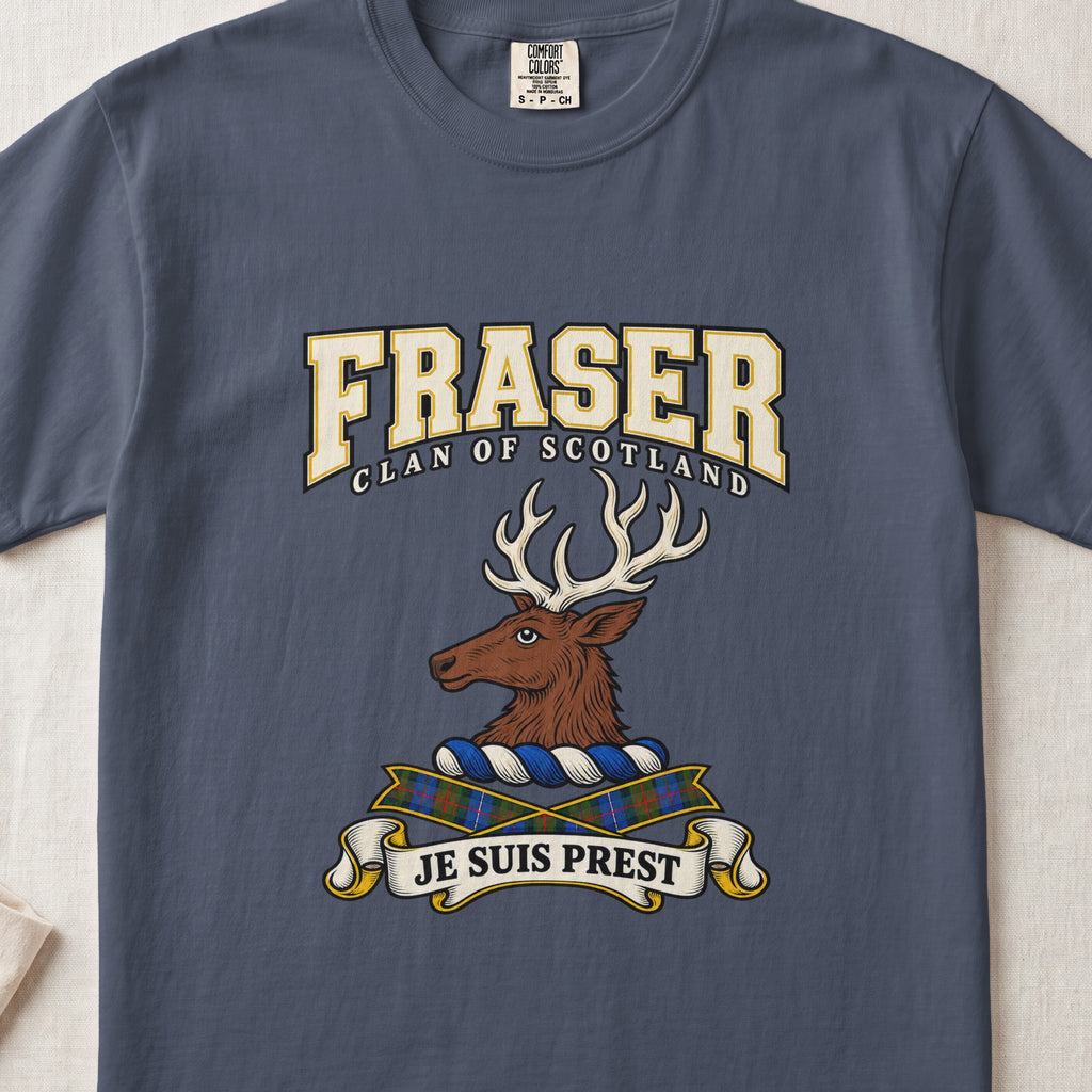 Fraser graphic T-shirt in Midnight blue, front flat lay showing varsity lettering and brown stag head with cream antlers.