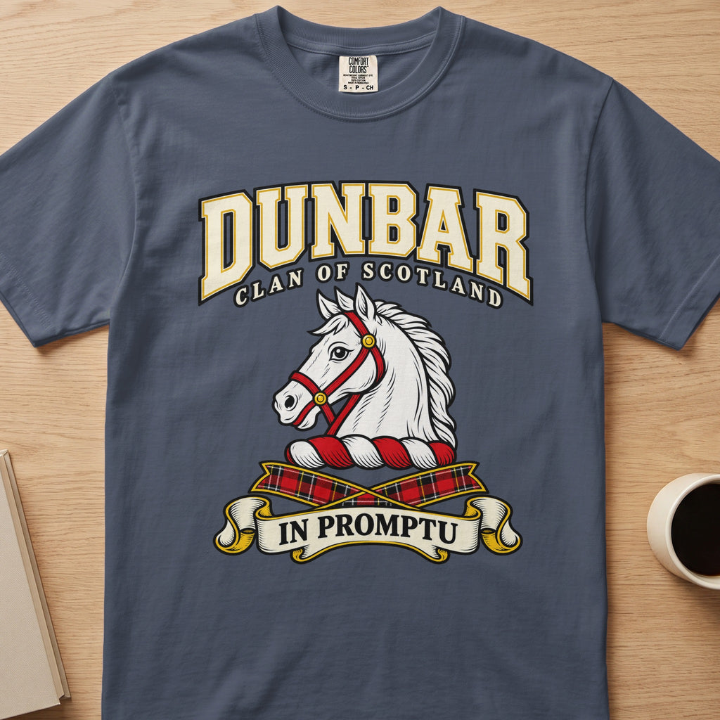 Dunbar clan crest with white horse head on a slate blue Comfort Colors T-shirt, front view