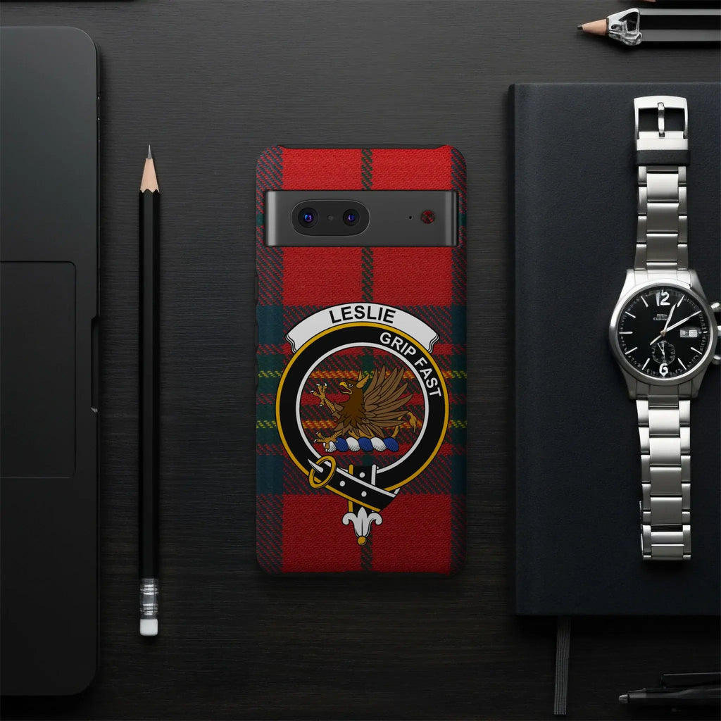 Leslie Grip Fast crest plaid design phone case — full Hold Tight clan design visible