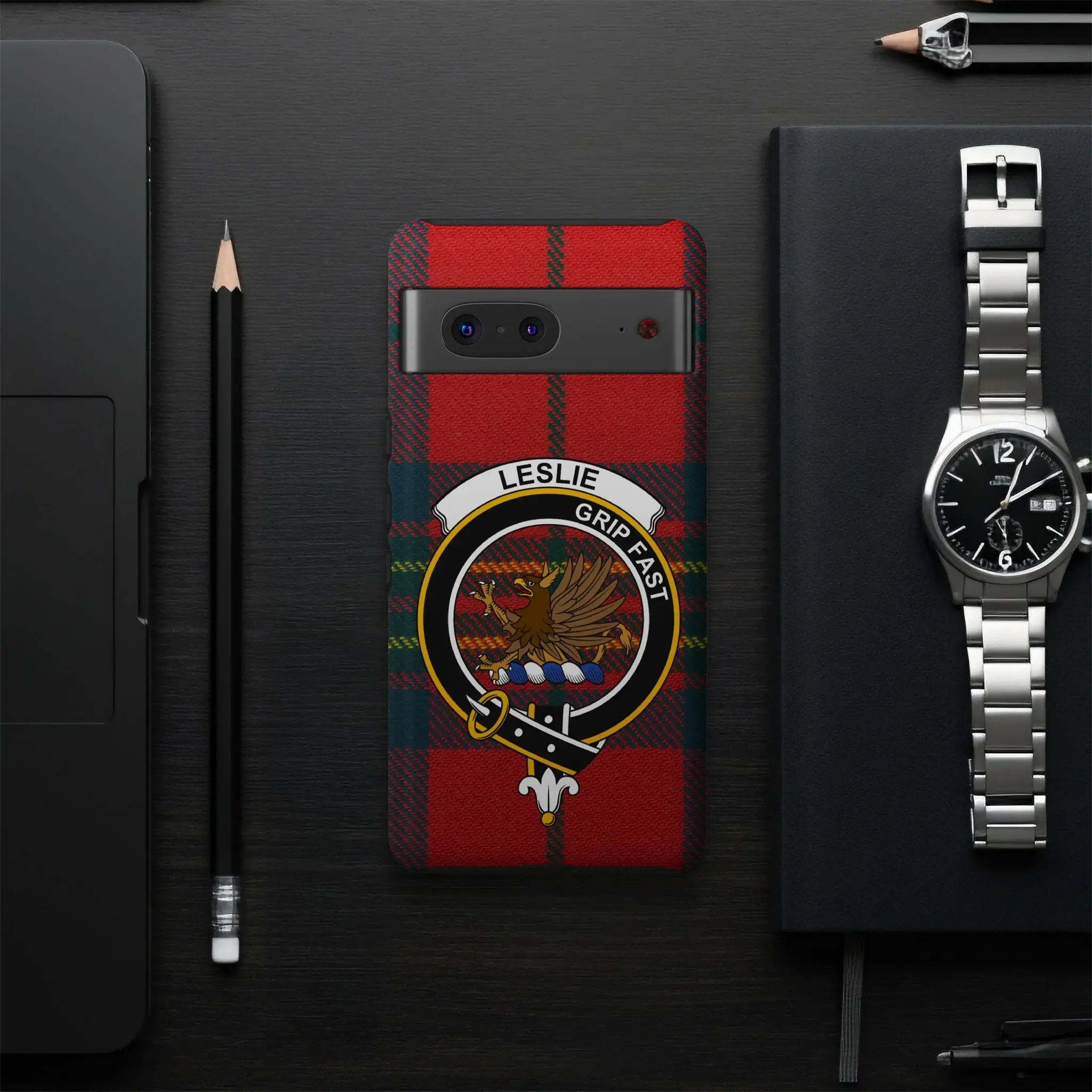 Leslie Grip Fast crest plaid design phone case — full Hold Tight clan design visible