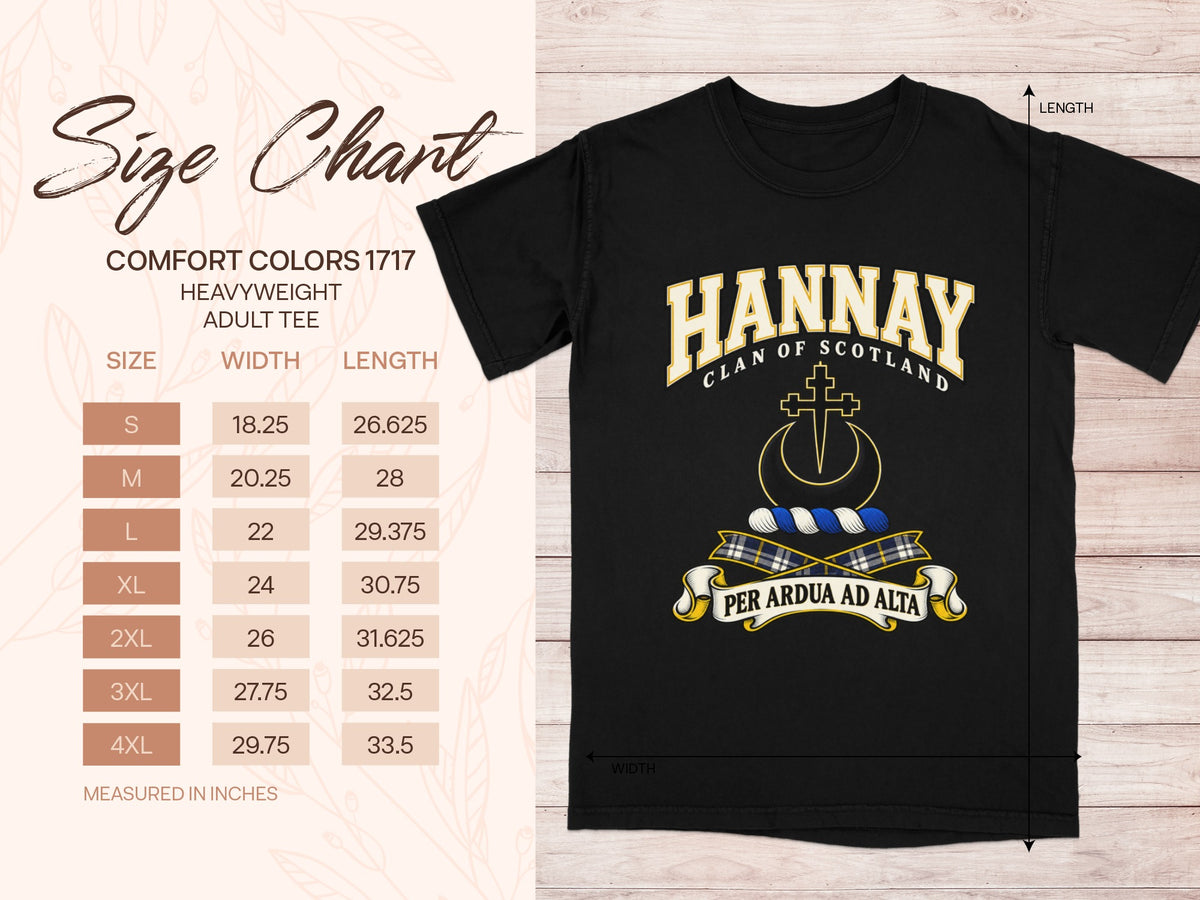 Comfort Colors 1717 size chart in inches with a black Hannay clan crest T-shirt preview