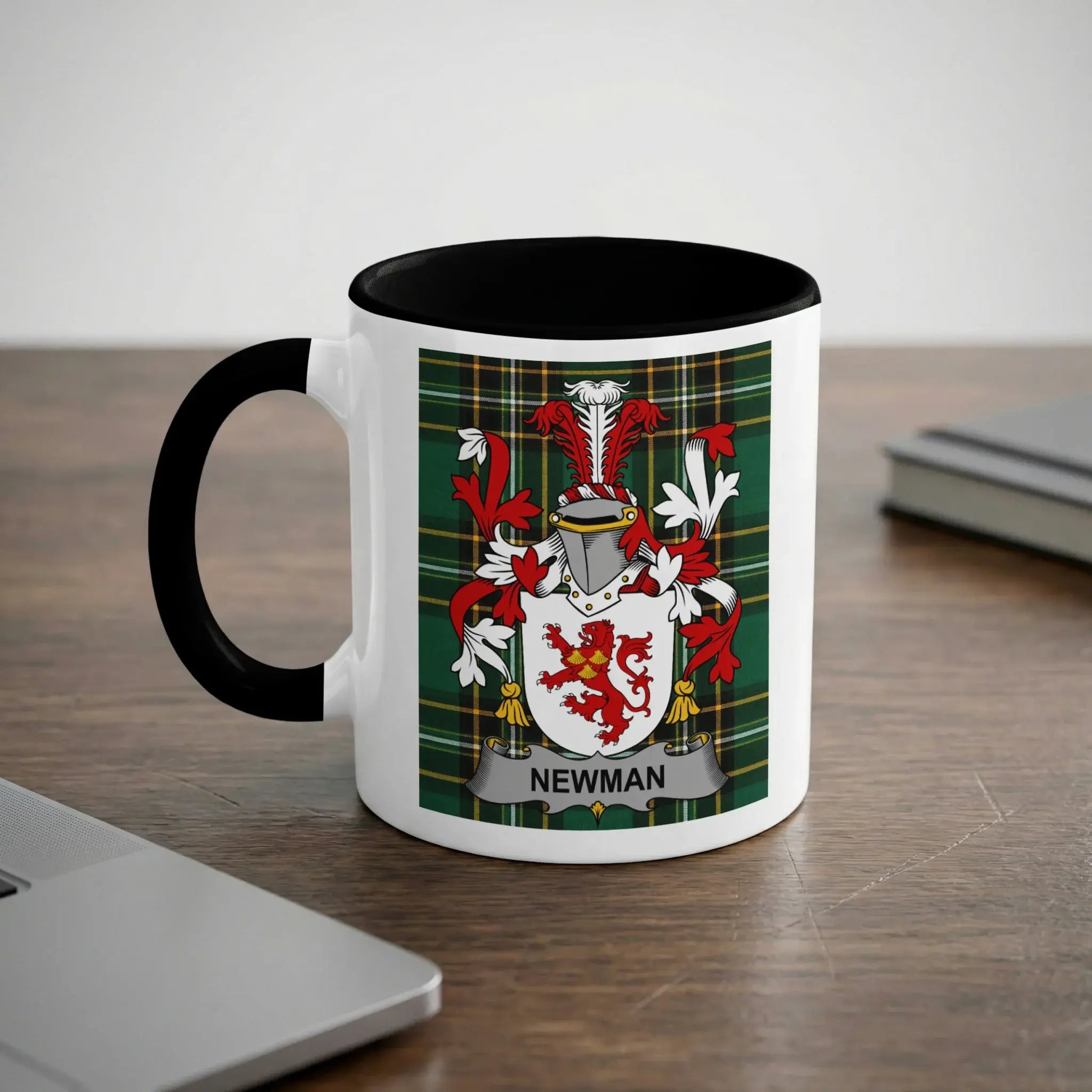 Newman black accent mug with family crest on tartan background