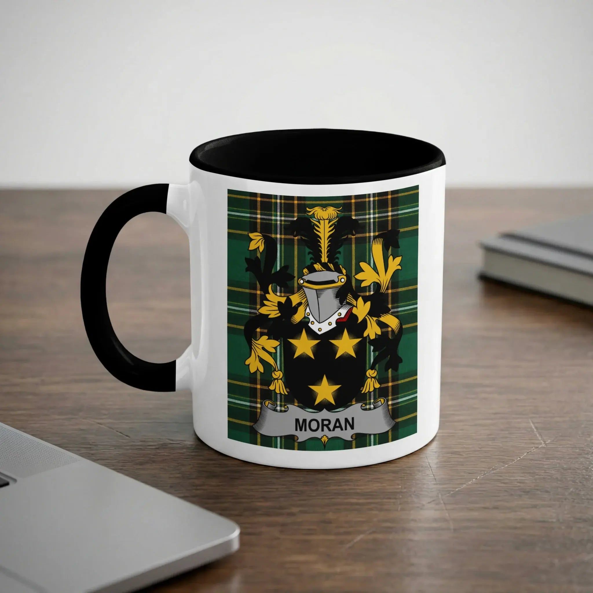 Moran Irish heritage mug with black handle and family crest