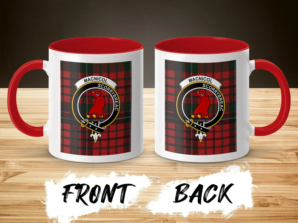 MacNicol clan tartan mug — red accent handle showing plaid pattern and crest detail, 11oz