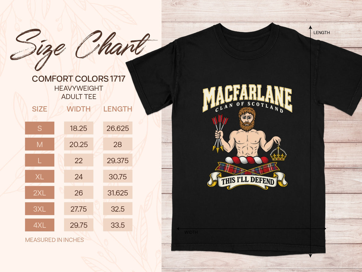 Comfort Colors 1717 size chart with shirt width and length in inches for sizes S to 4XL, beside the MacFarlane design.