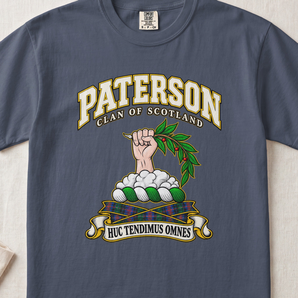 Paterson Scottish clan T-shirt in Midnight, front view with a hand emerging from clouds and holding a leafy branch and motto banner.
