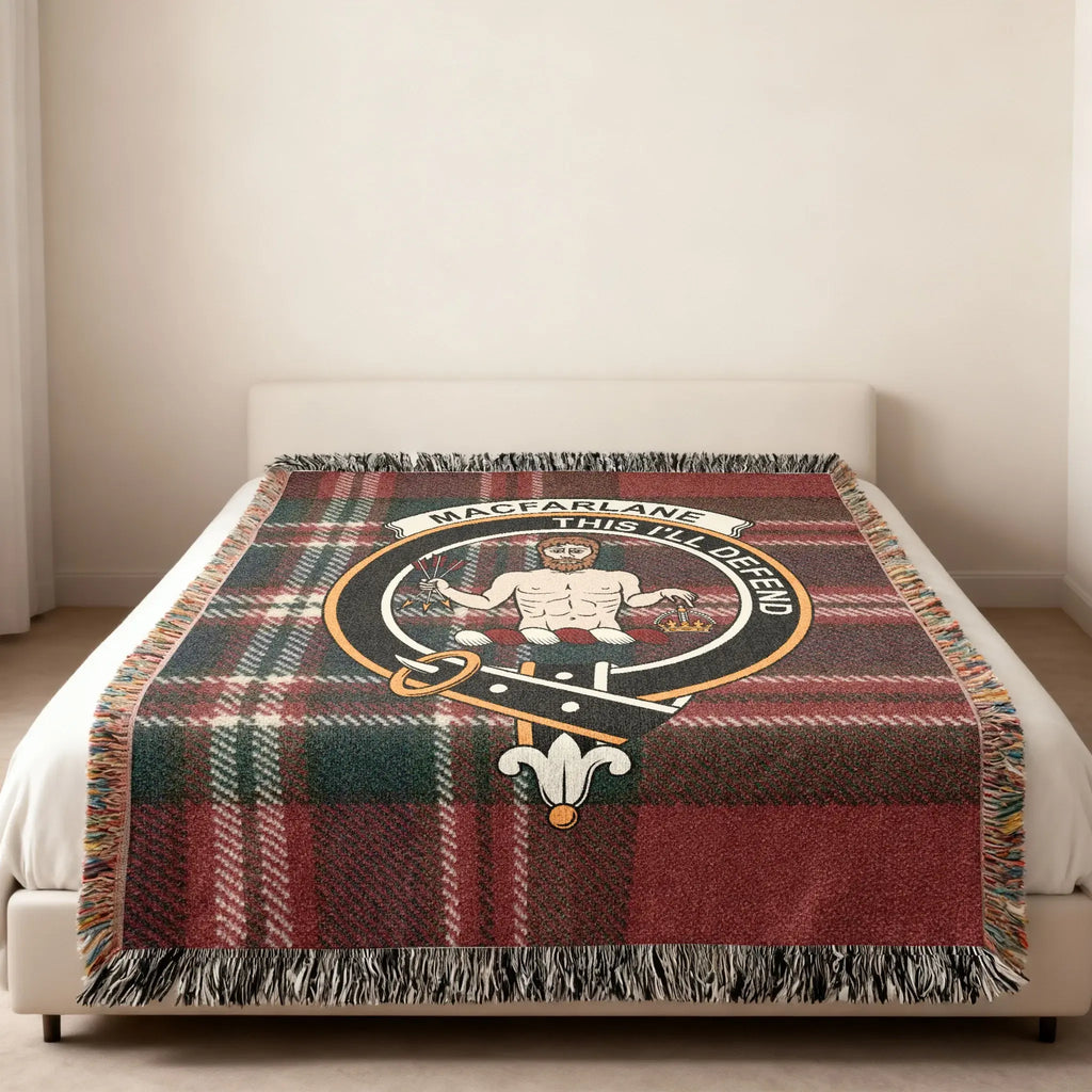 MacFarlane This I'll Defend tartan woven blanket — clan crest at centre, 100% cotton