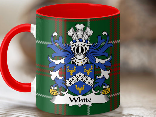 White Welsh Surname Coat of Arms Tartan Background Mug - Living Stone Gifts