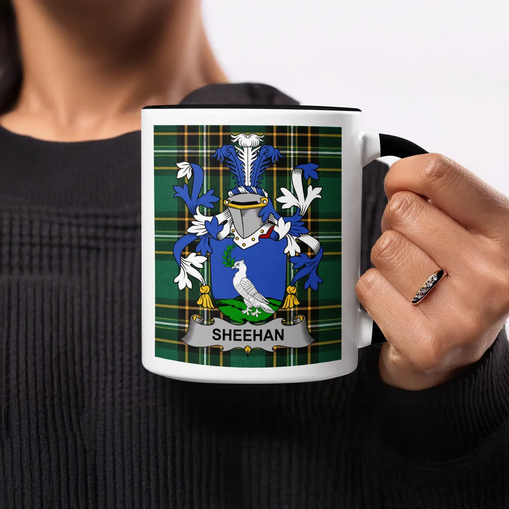 Sheehan Irish heritage mug with black interior and surname crest