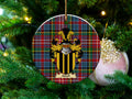 Athell Scottish clan ceramic ornament with family crest on a Caledonia tartan background, hanging on a Christmas tree