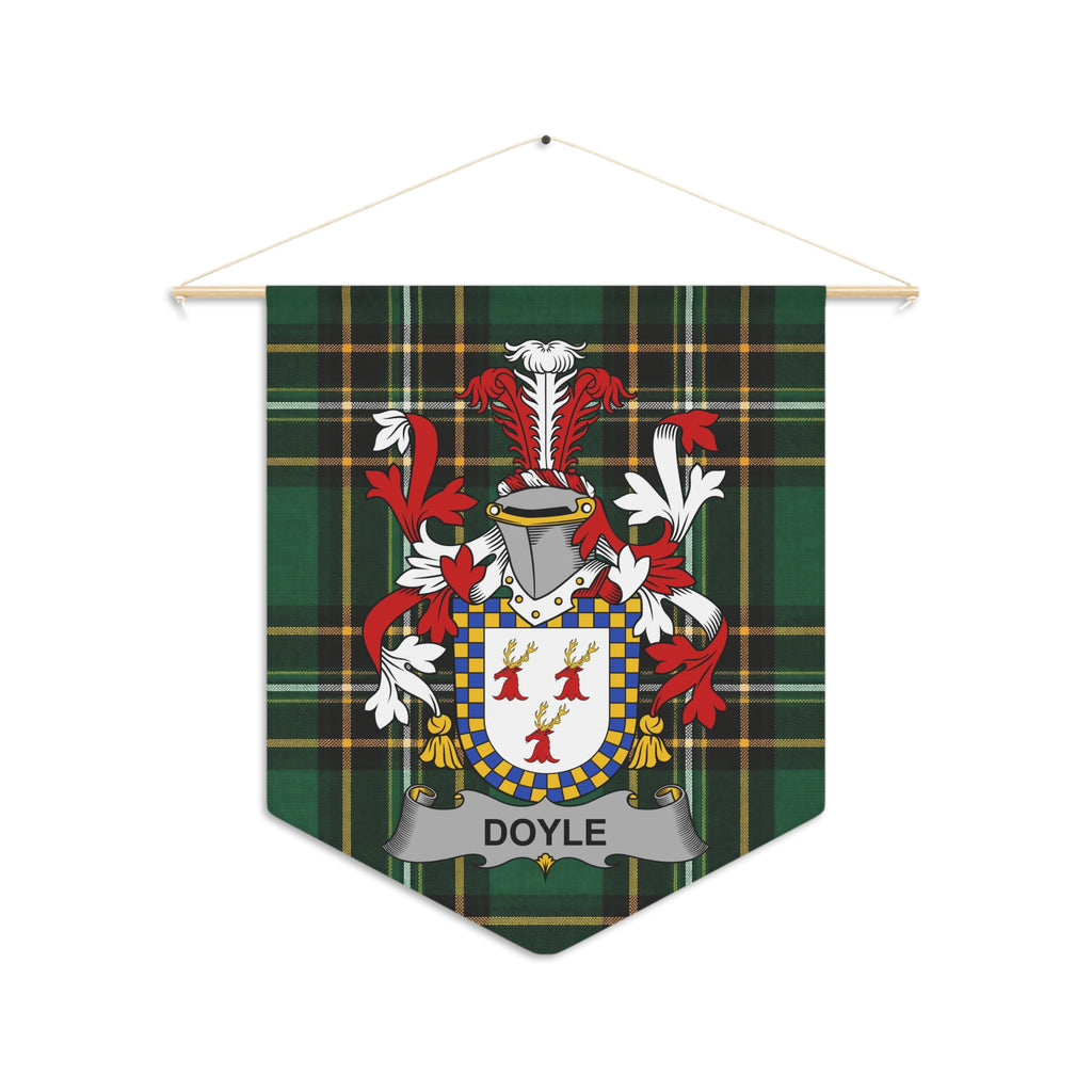 Doyle family crest banner with green tartan background.
