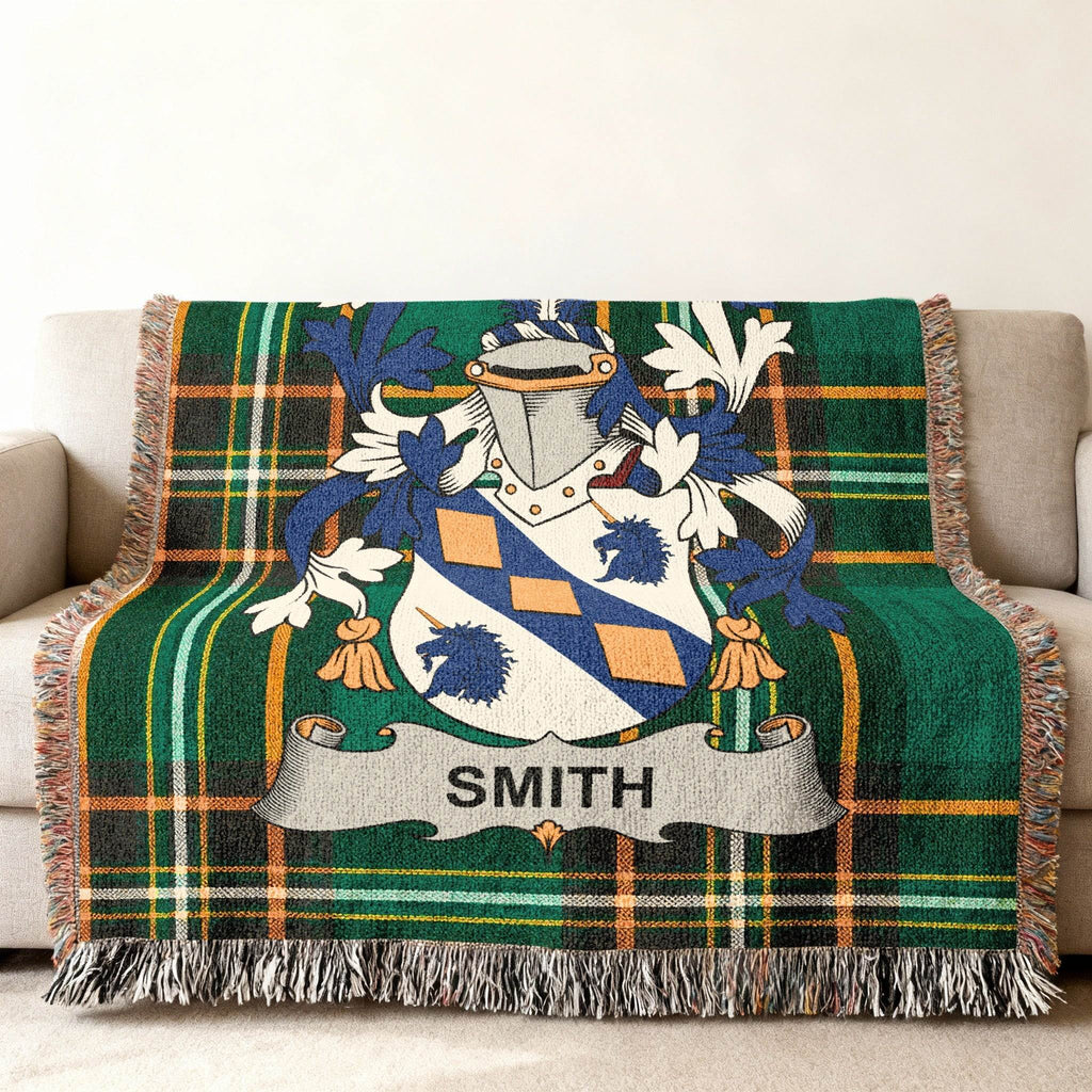 Plaid throw blanket with the Smith family crest and name.
