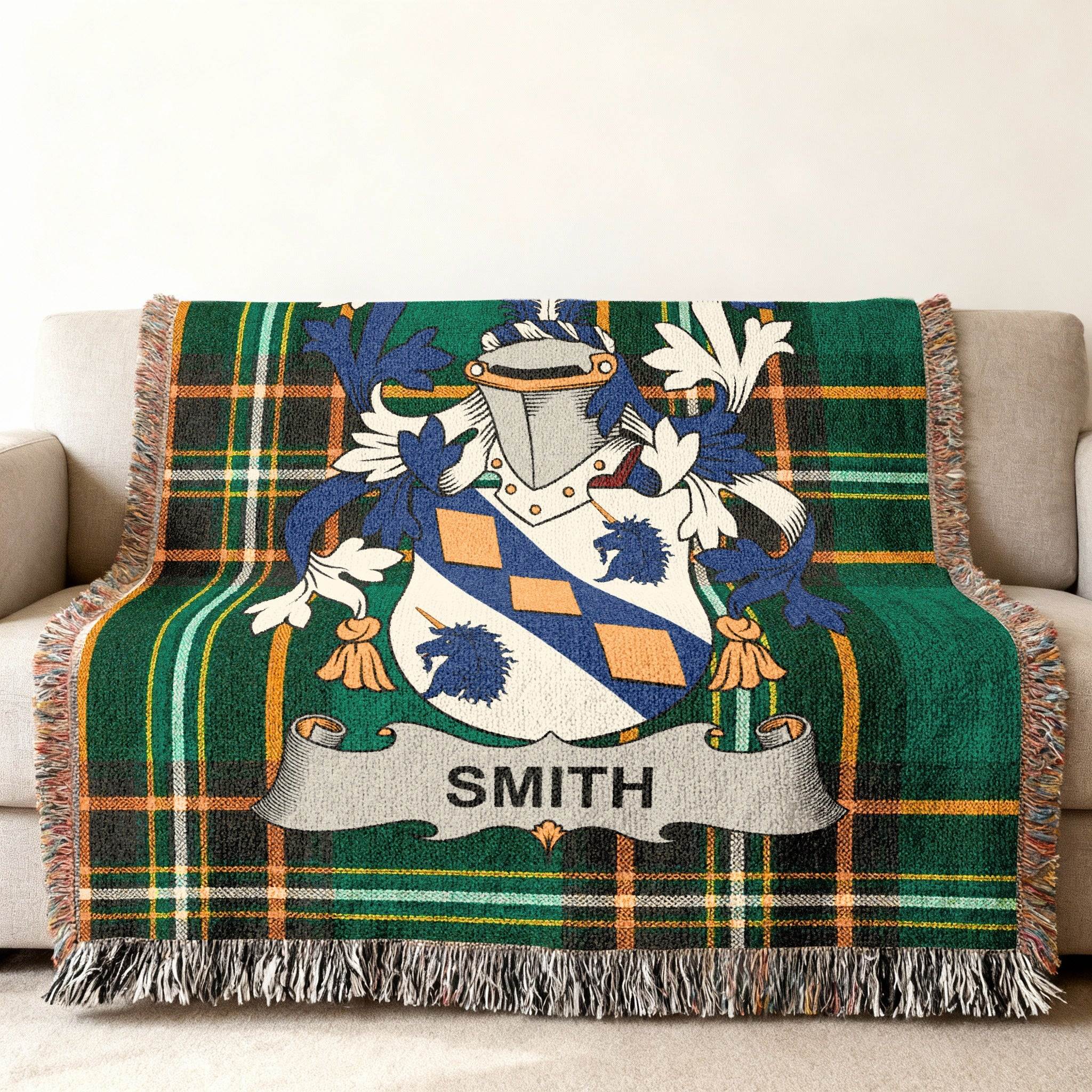 Plaid throw blanket with the Smith family crest and name.