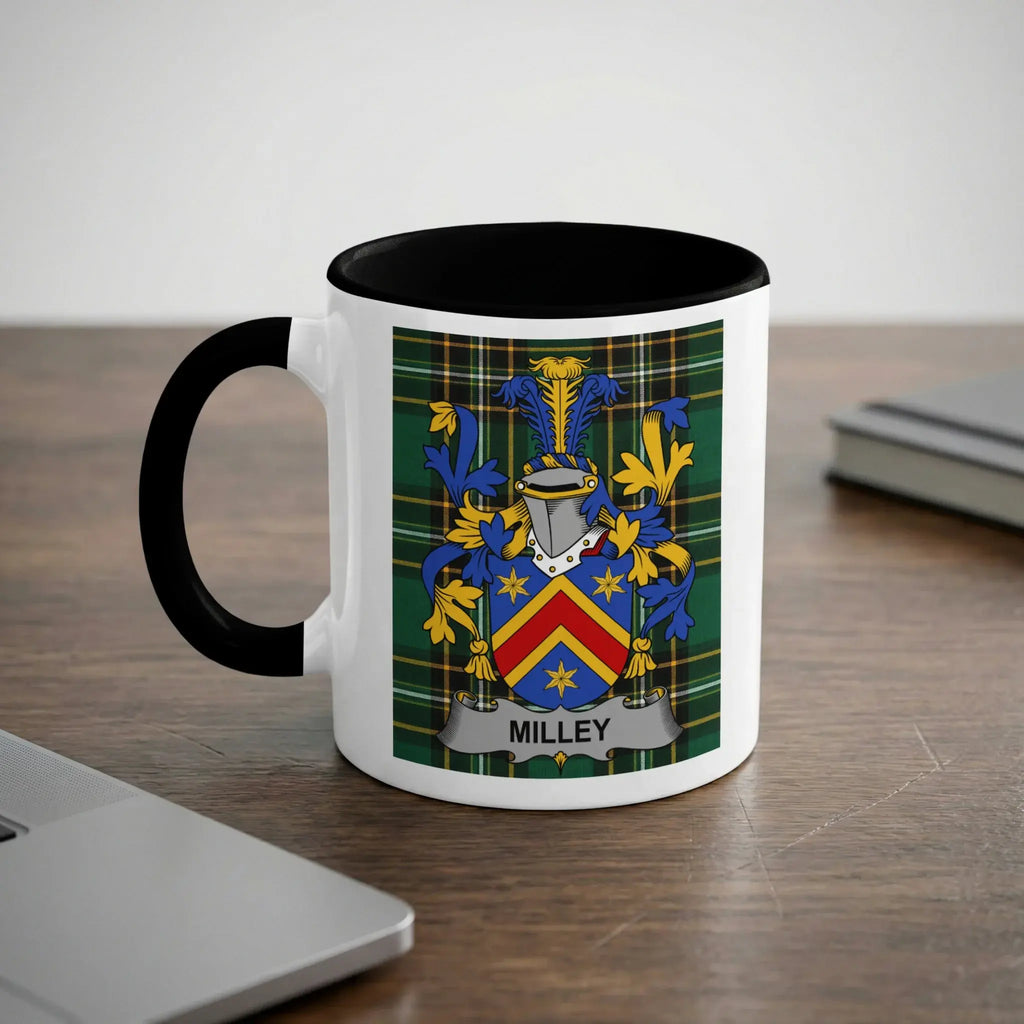 Milley Irish heritage mug with black handle and family crest