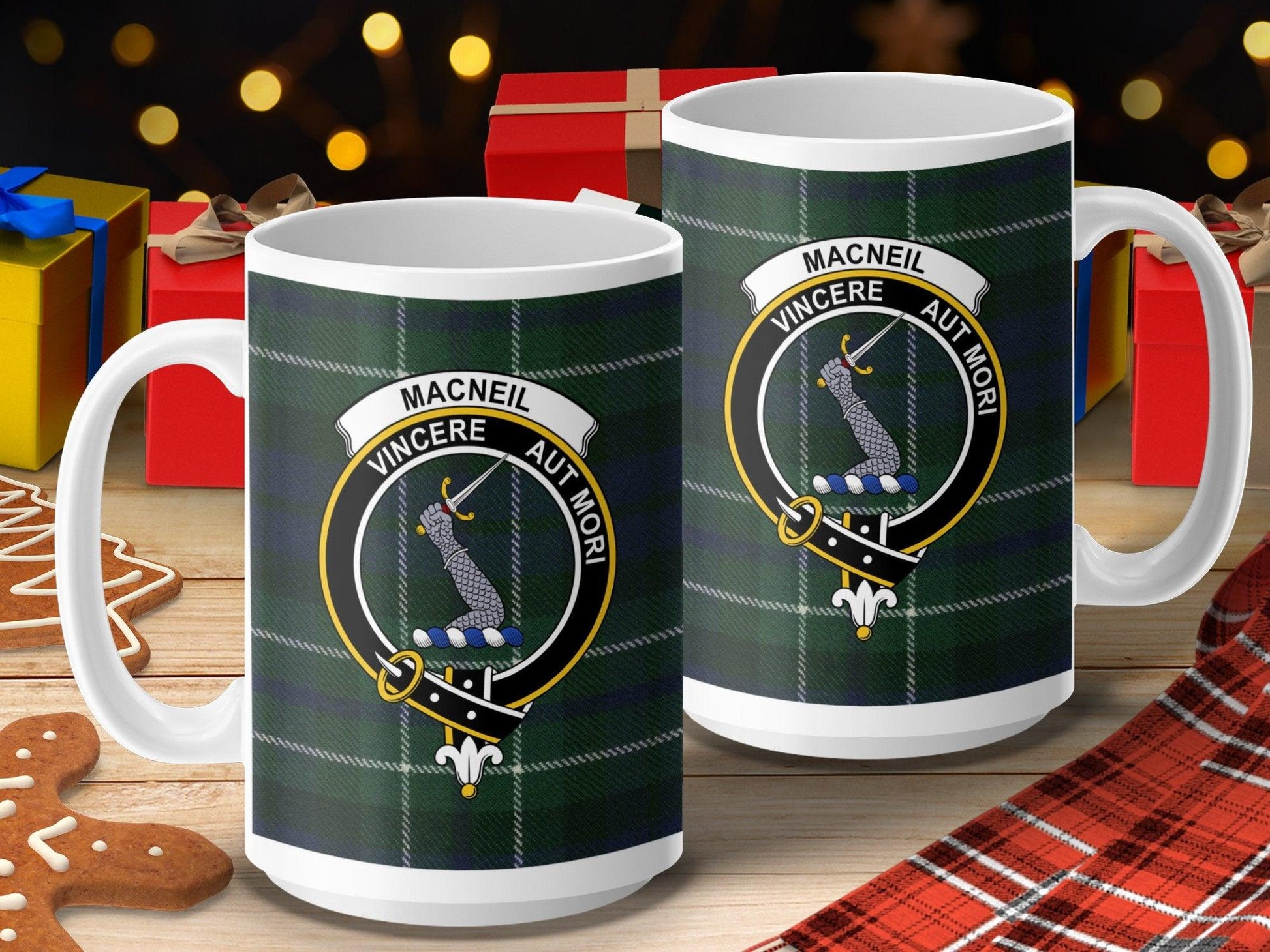 MacNeil Clan Crest with Tartan Background Mug - Living Stone Gifts