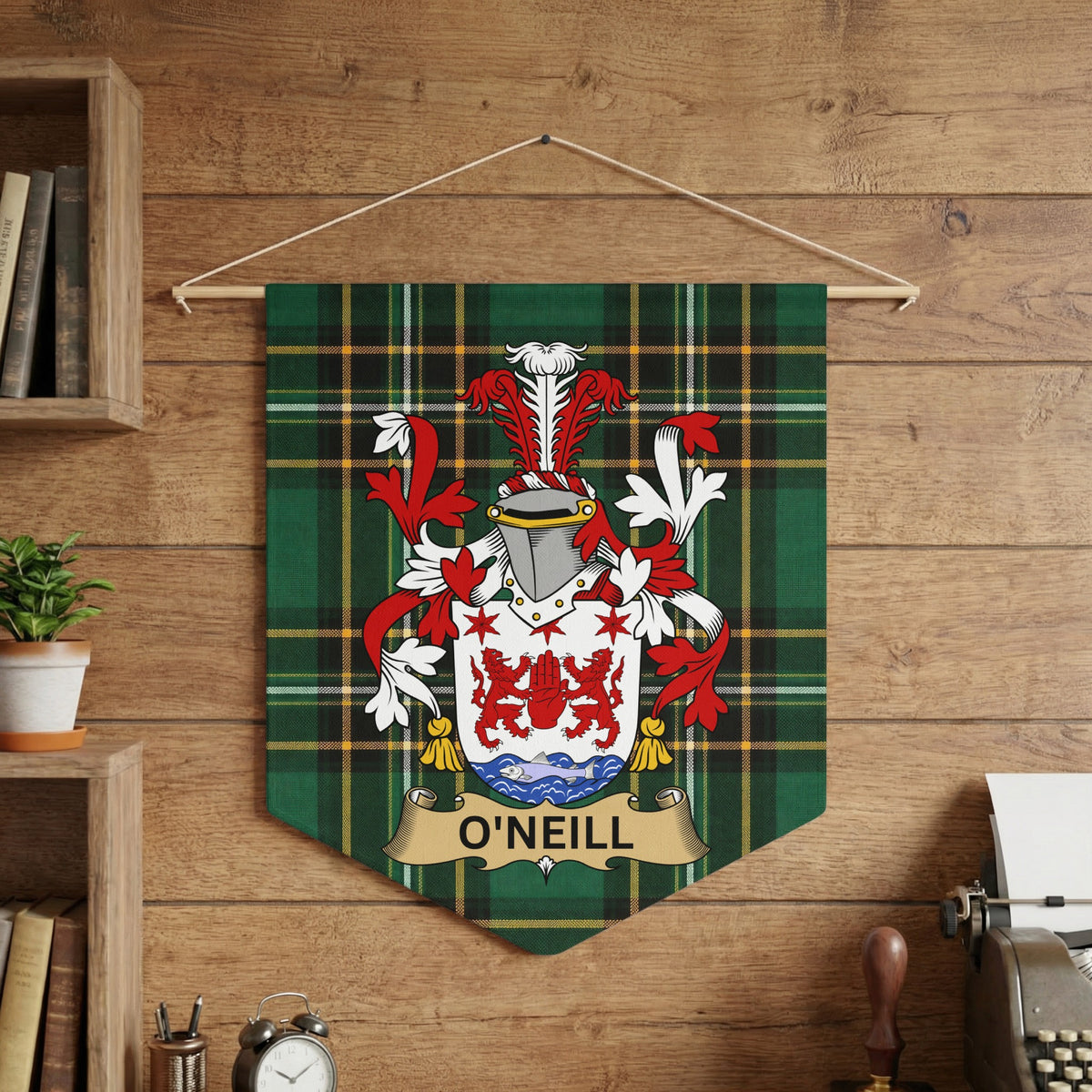 Green tartan pennant with O'Neill family crest and name banner.