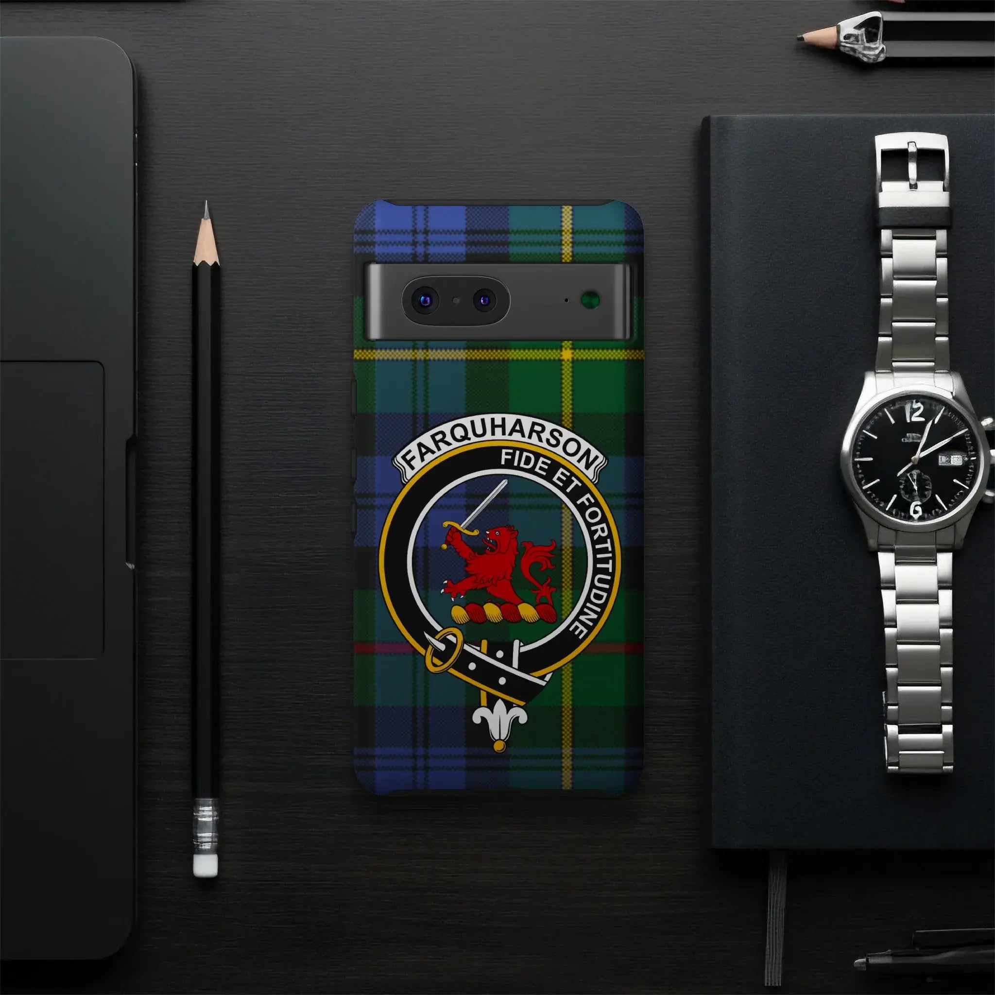 Farquharson clan crest phone case — precise port cutouts, wrap print, Google Pixel model