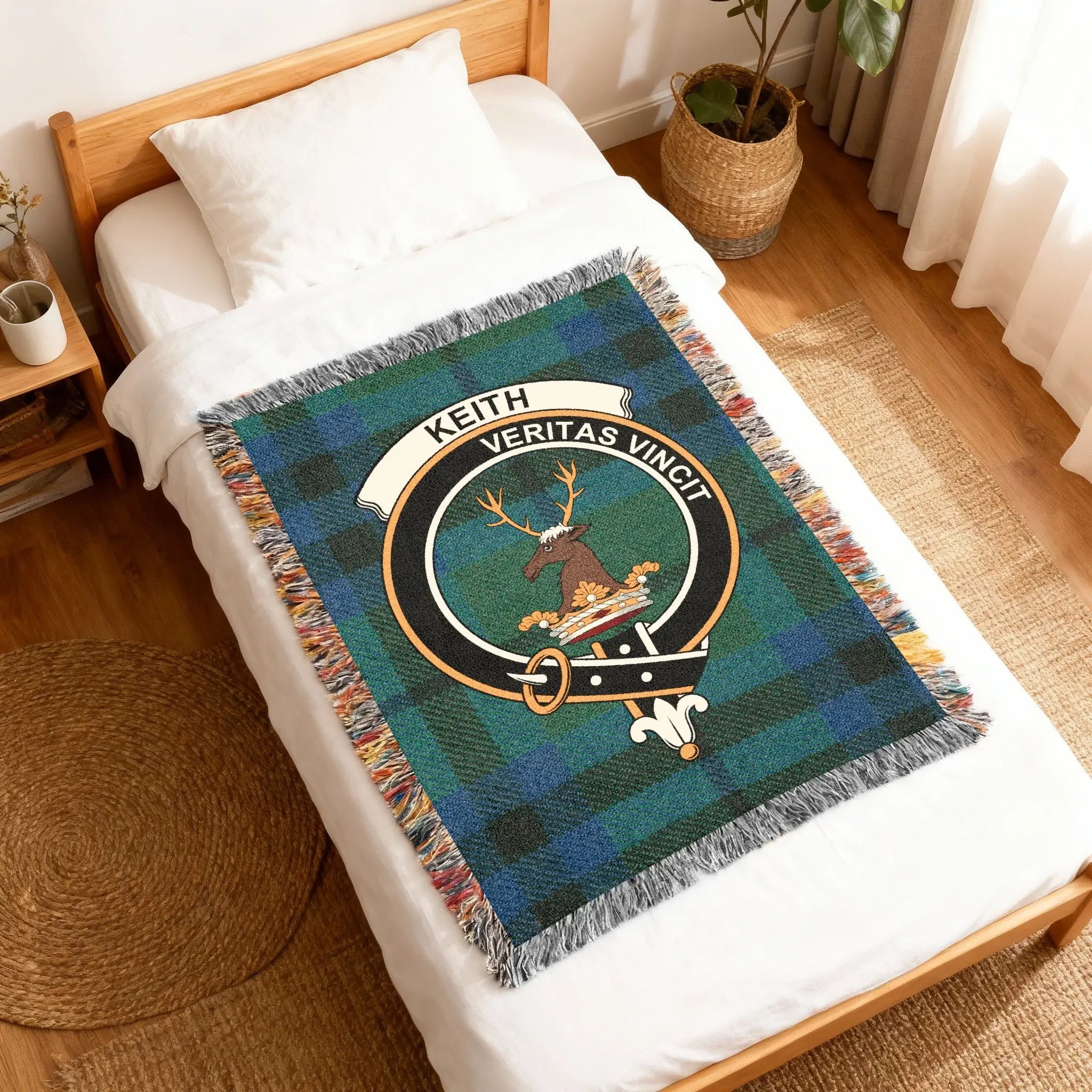 Keith Veritas Vincit boho fringe woven blanket — clan crest, fringe edges, 100% cotton