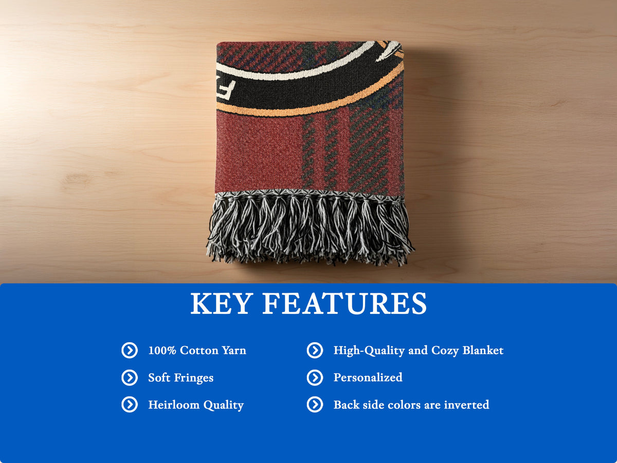 Matheson blanket features: 100% cotton yarn, soft fringes, heirloom quality and inverted reverse colours