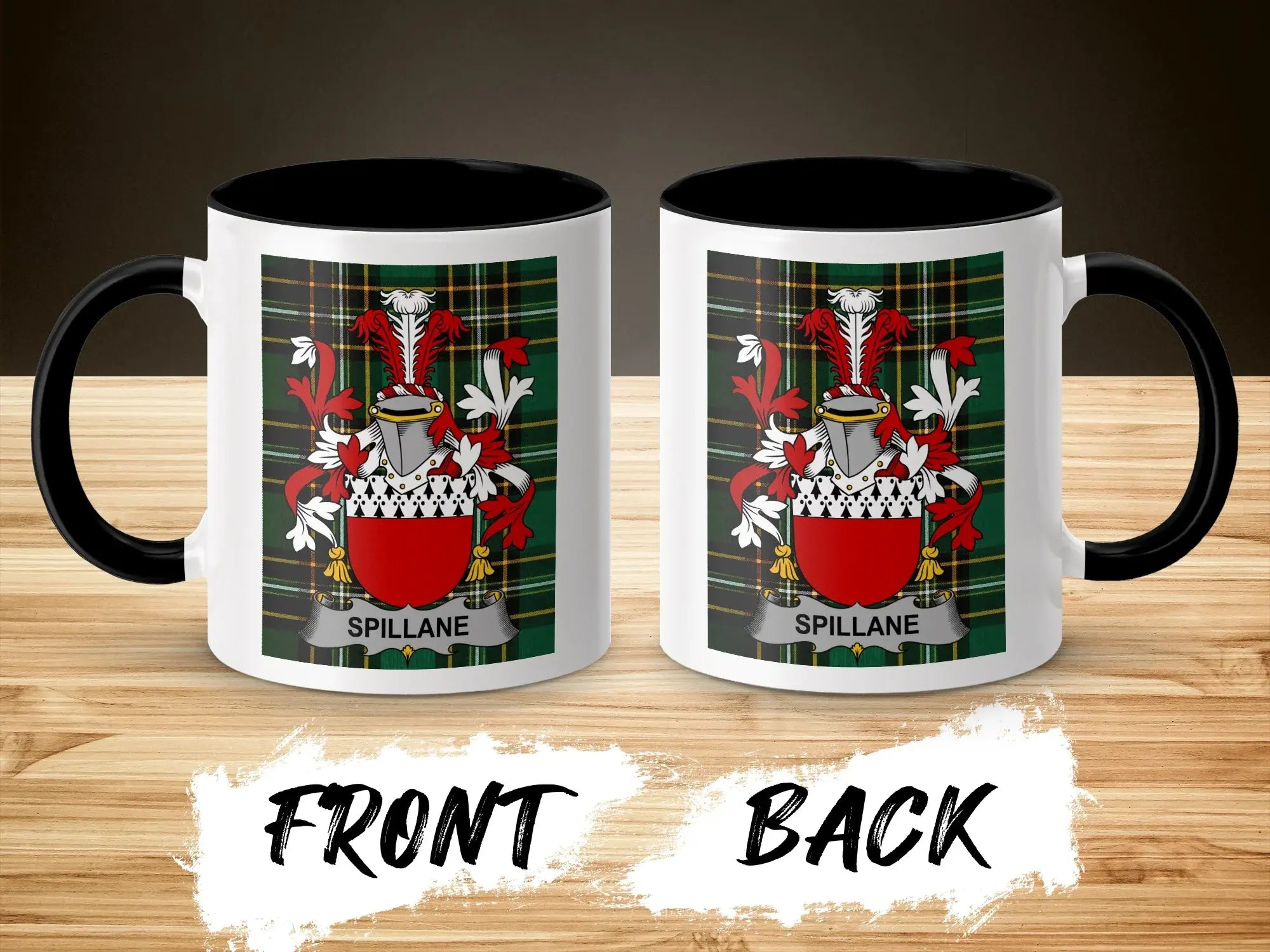 Spillane ceramic mug with black handle and family crest on tartan background