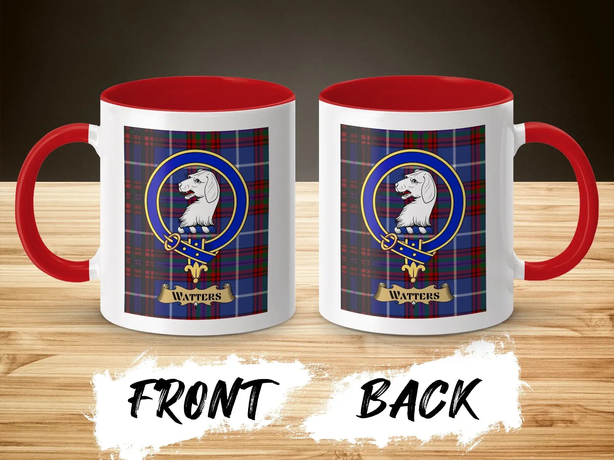 Watters tartan-background crest mug shown as a Scottish heritage gift