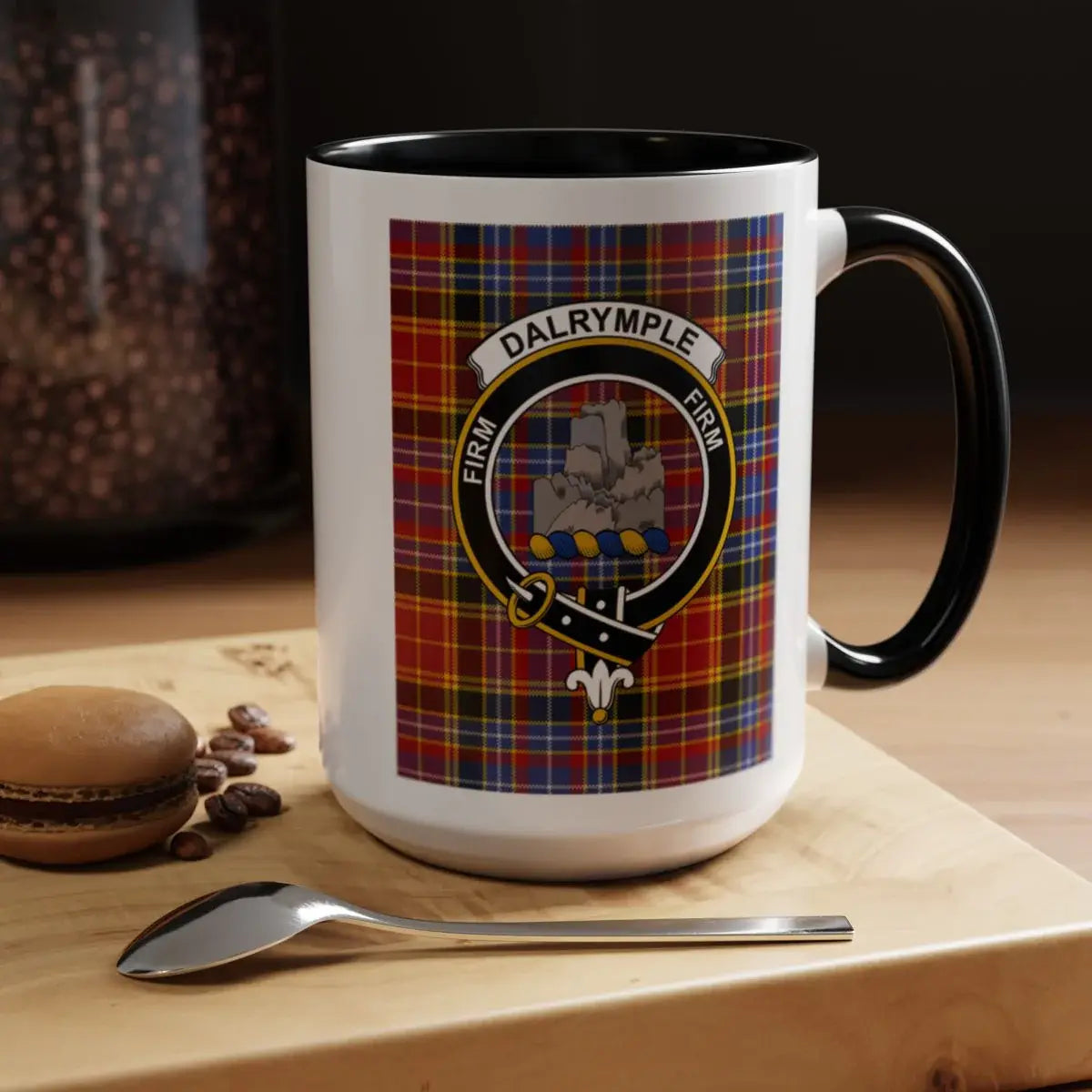 Dalrymple tartan ceramic mug — back view showing full crest print, black handle