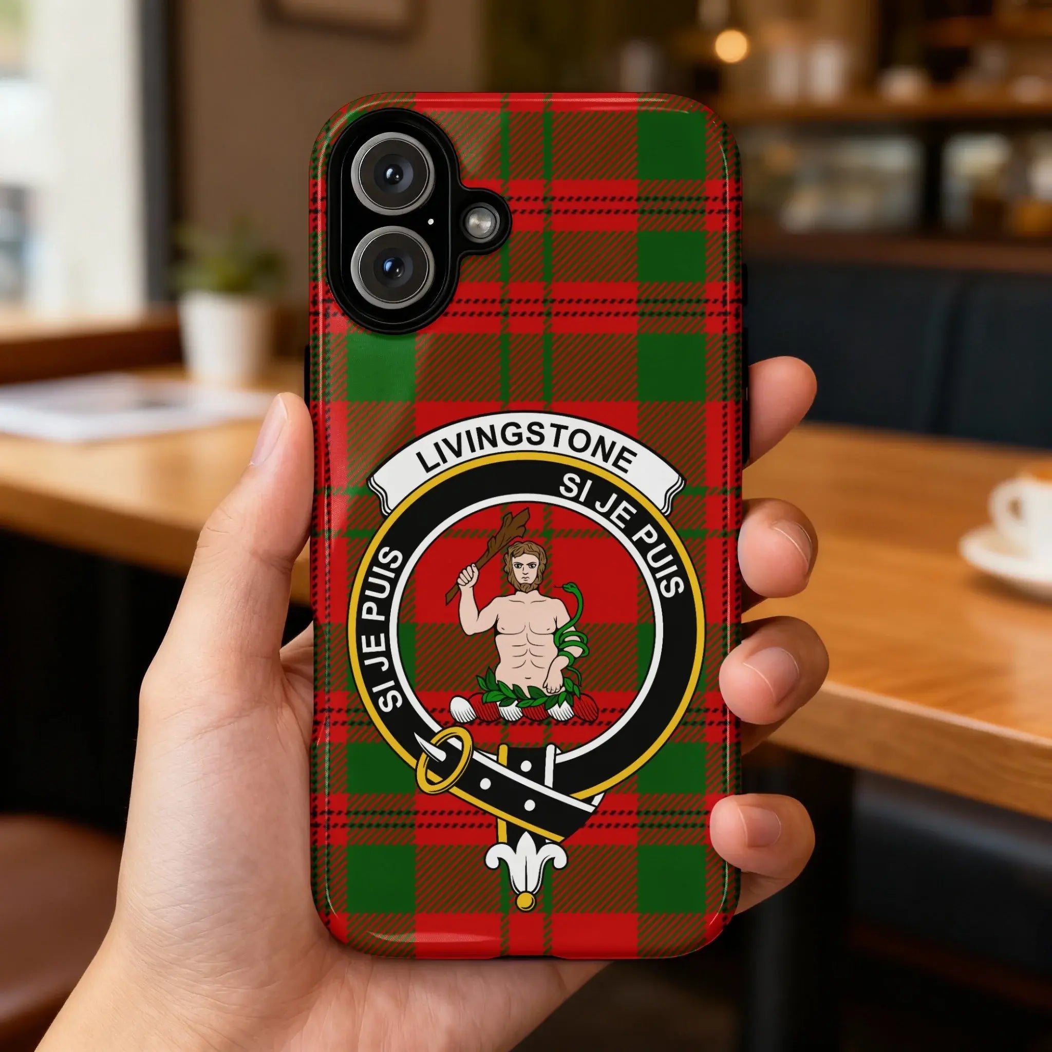 Clan Livingstone tartan crest phone case — full 3D wrap print with Si Je Puis motto, glossy finish