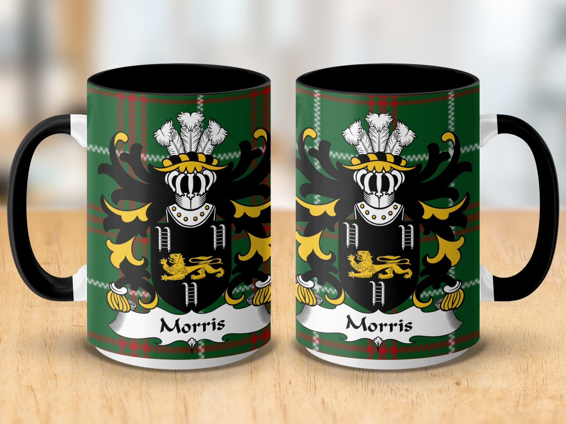 Morris Family Coat of Arms Welsh National Tartan Mug - Living Stone Gifts