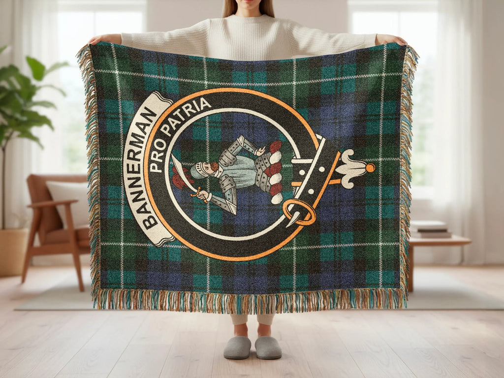 Bannerman pro patria tartan woven blanket — fringe edge detail