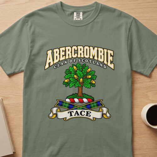 Abercrombie green tree with golden fruit detail graphic on a sage green Comfort Colors T-shirt, front view