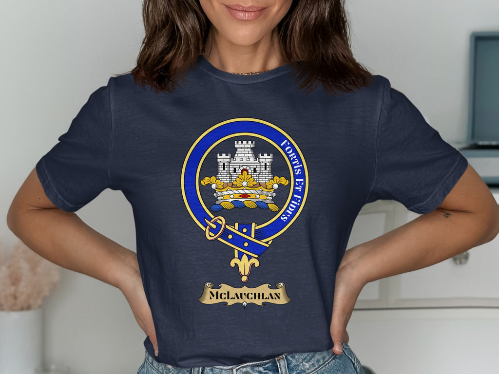 McLauchlan Scottish clan crest design on Navy T-shirt