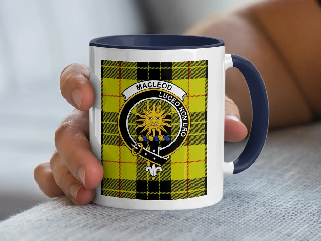 MacLeod clan crest tartan mug authentic Scottish design — glossy ceramic, black handle, 11oz