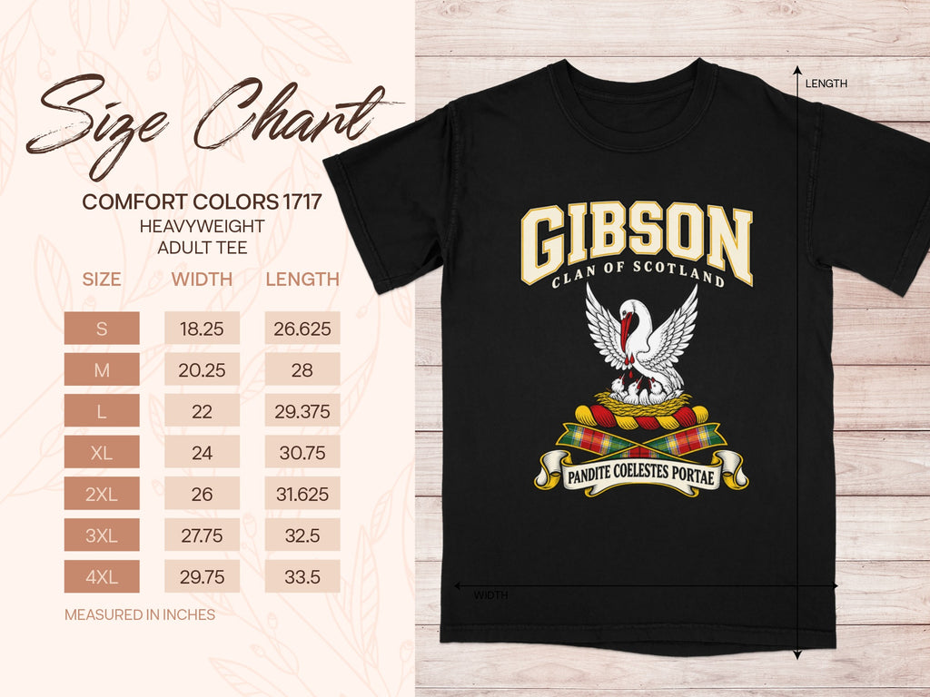 Comfort Colors 1717 size chart in inches with a black Gibson clan crest T-shirt preview