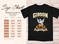 Comfort Colors 1717 size chart in inches with a black Gibson clan crest T-shirt preview