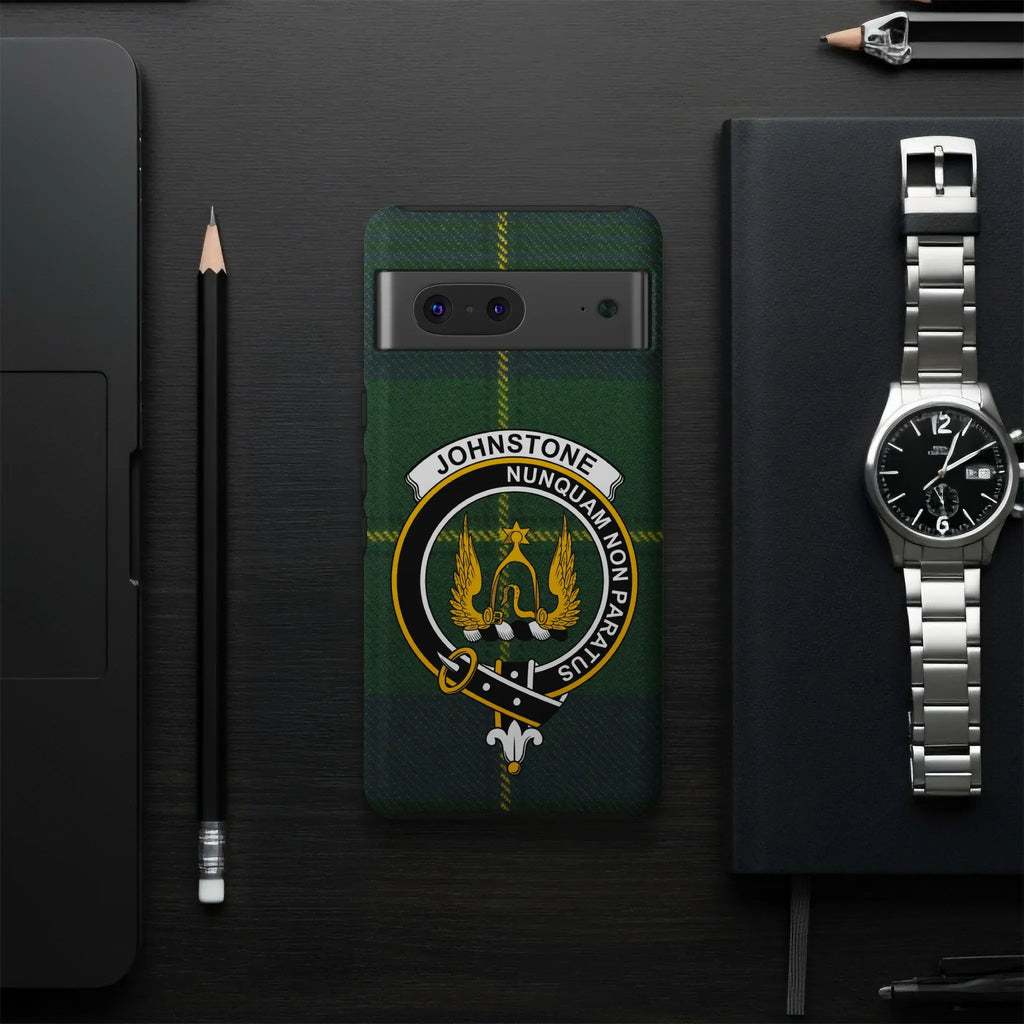Johnstone clan tartan design phone case flat lay — full Never Unprepared clan crest design visible